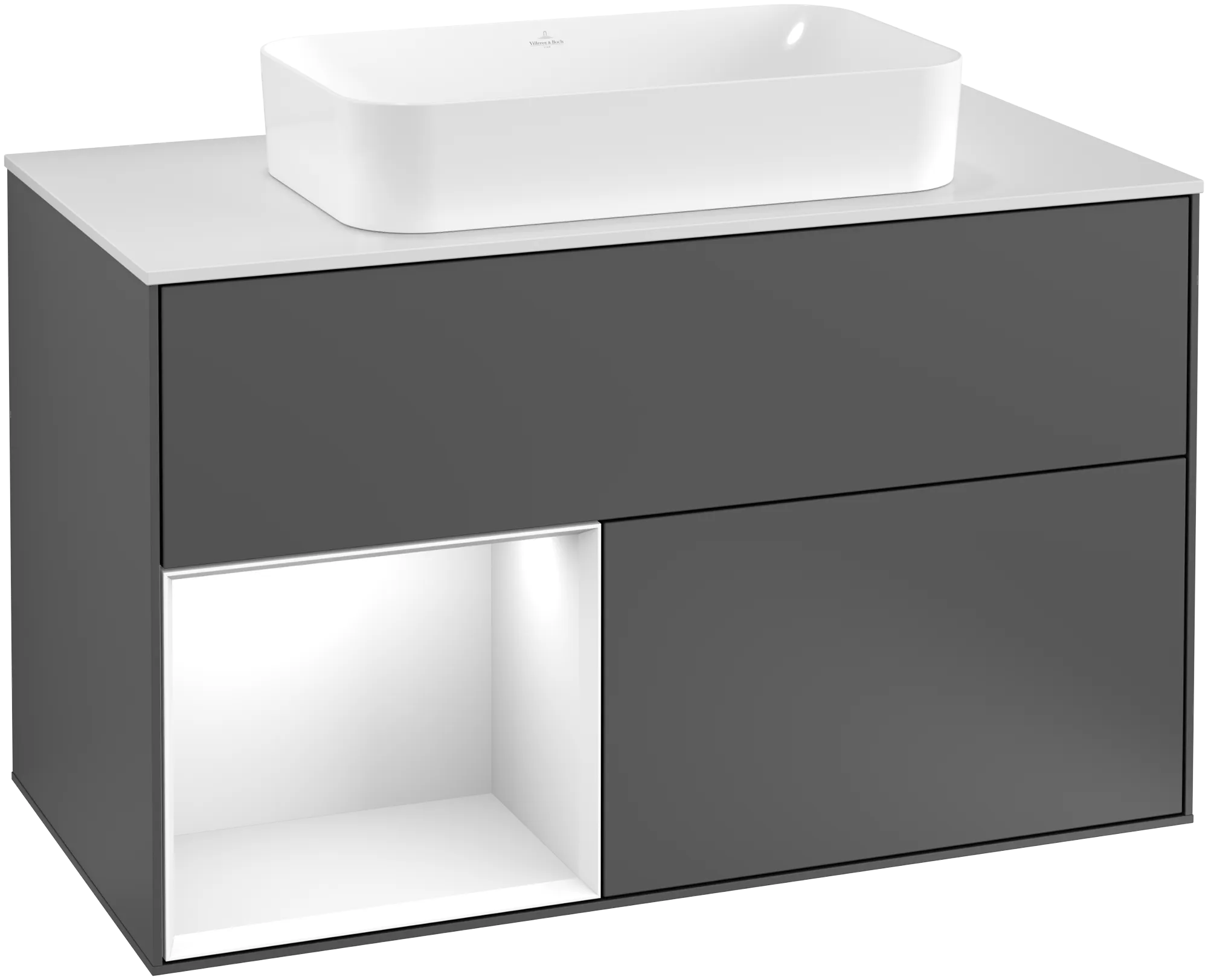 Bild von VILLEROY BOCH Finion Waschbeckenunterschrank, mit Beleuchtung, 2 Auszüge, 1000 x 603 x 501 mm, Anthracite Matt Lacquer / Glossy White Lacquer / Glass White Matt #G241GFGK