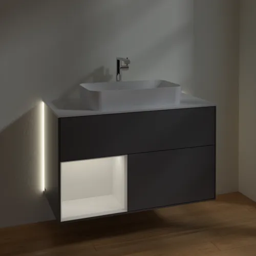 Bild von VILLEROY BOCH Finion Waschbeckenunterschrank, mit Beleuchtung, 2 Auszüge, 1000 x 603 x 501 mm, Anthracite Matt Lacquer / Glossy White Lacquer / Glass White Matt #G241GFGK