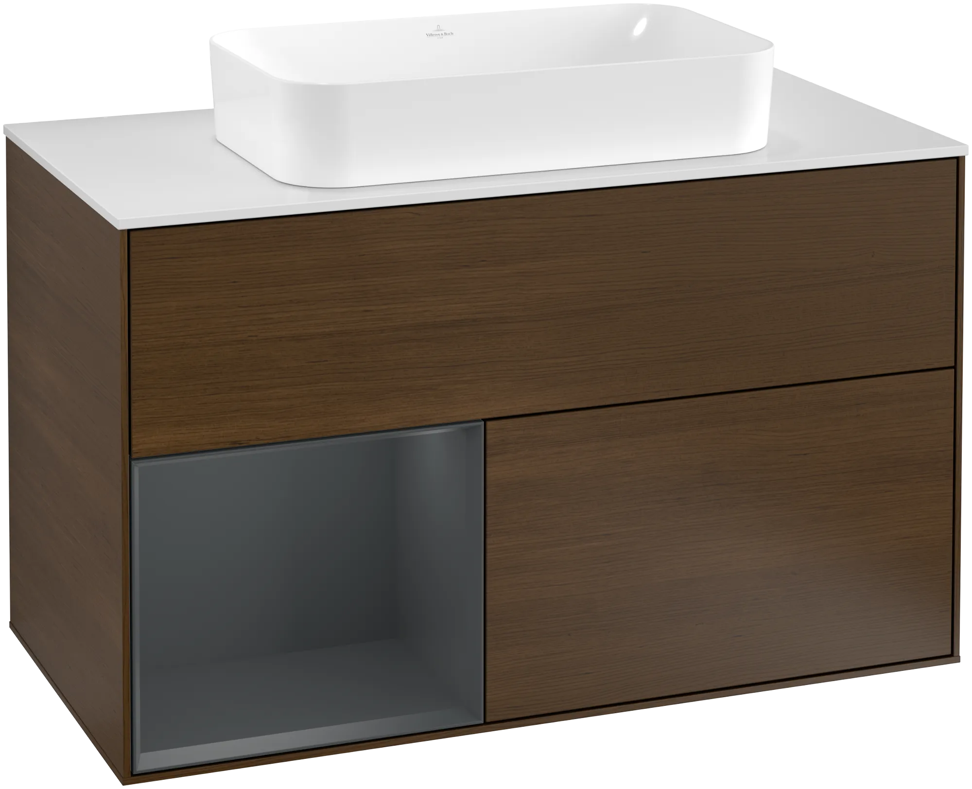 Obrázek VILLEROY BOCH Finion Vanity unit, with lighting, 2 pull-out compartments, 1000 x 603 x 501 mm, Walnut Veneer / Midnight Blue Matt Lacquer / Glass White Matt #G241HGGN