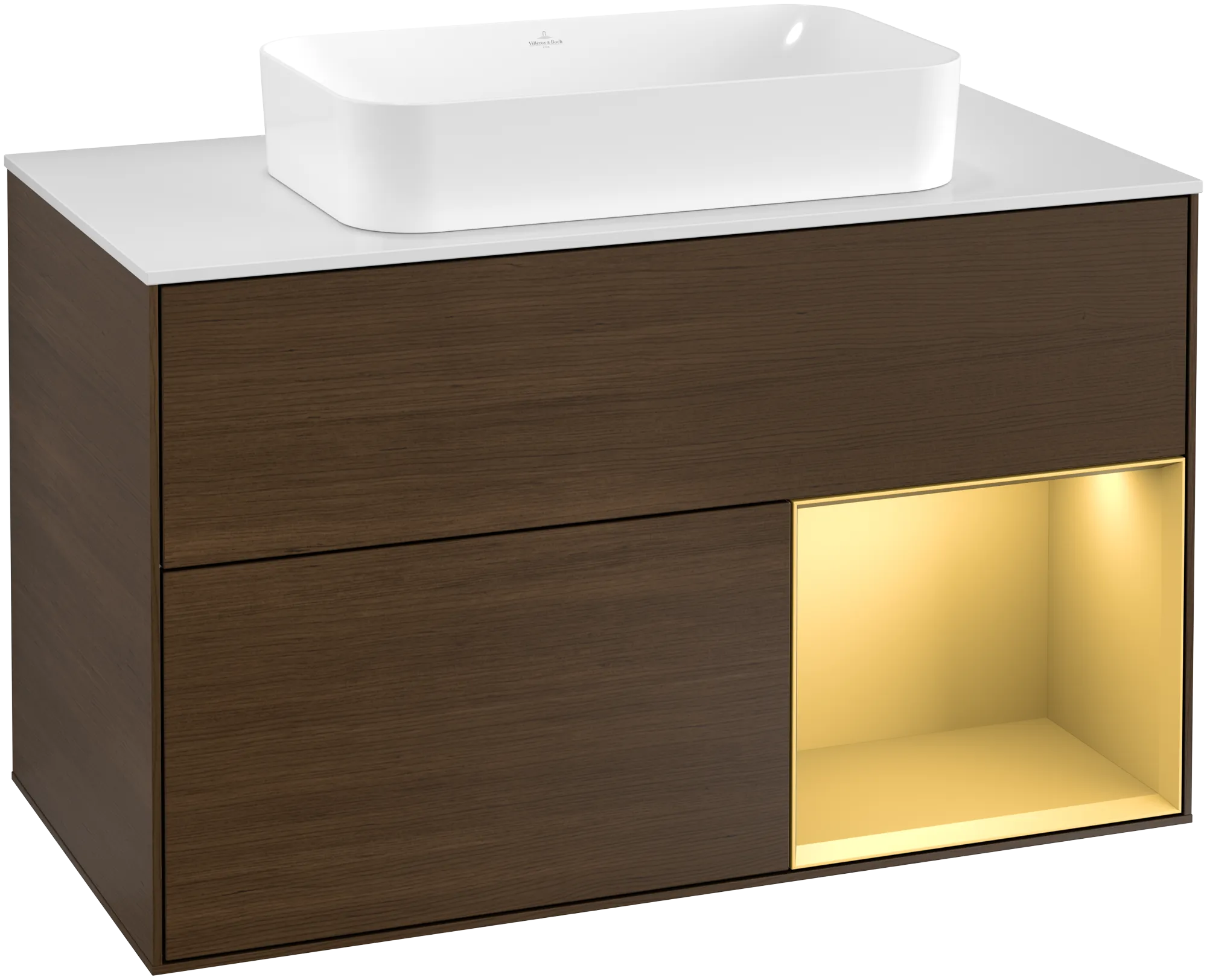 Bild von VILLEROY BOCH Finion Waschbeckenunterschrank, mit Beleuchtung, 2 Auszüge, 1000 x 603 x 501 mm, Walnut Veneer / Gold Matt Lacquer / Glass White Matt #G251HFGN