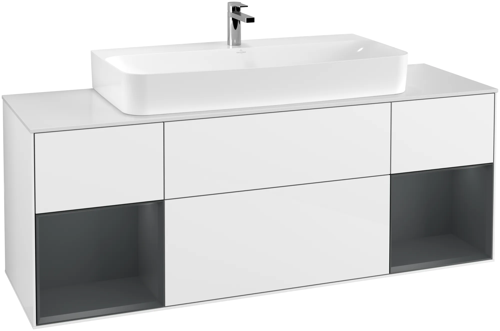 Bild von VILLEROY BOCH Finion Waschbeckenunterschrank, mit Beleuchtung, 4 Auszüge, 1600 x 603 x 501 mm, Glossy White Lacquer / Midnight Blue Matt Lacquer / Glass White Matt #G211HGGF