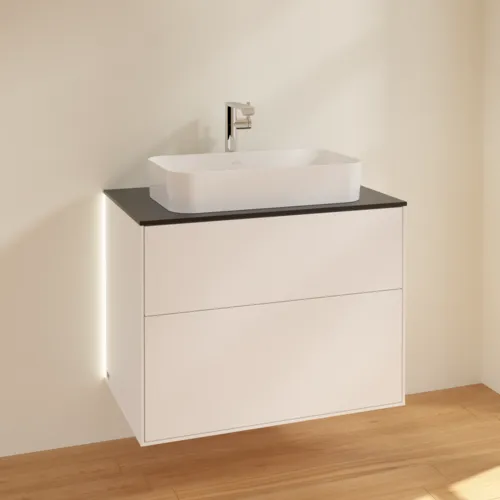 Bild von VILLEROY BOCH Finion Waschbeckenunterschrank, mit Beleuchtung, 2 Auszüge, 800 x 603 x 501 mm, White Matt Lacquer / Glass Black Matt #G22200MT