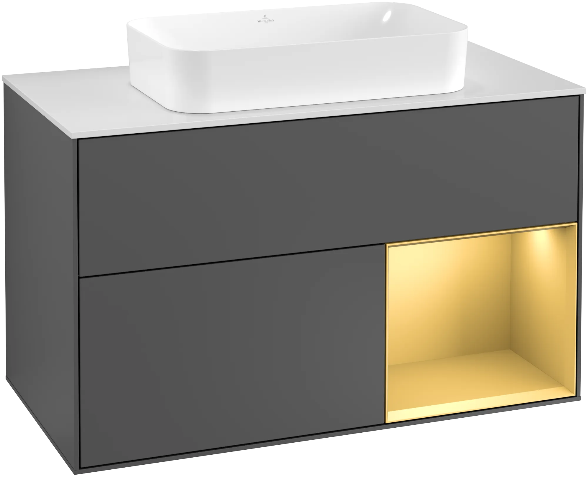 Bild von VILLEROY BOCH Finion Waschbeckenunterschrank, mit Beleuchtung, 2 Auszüge, 1000 x 603 x 501 mm, Anthracite Matt Lacquer / Gold Matt Lacquer / Glass White Matt #G251HFGK