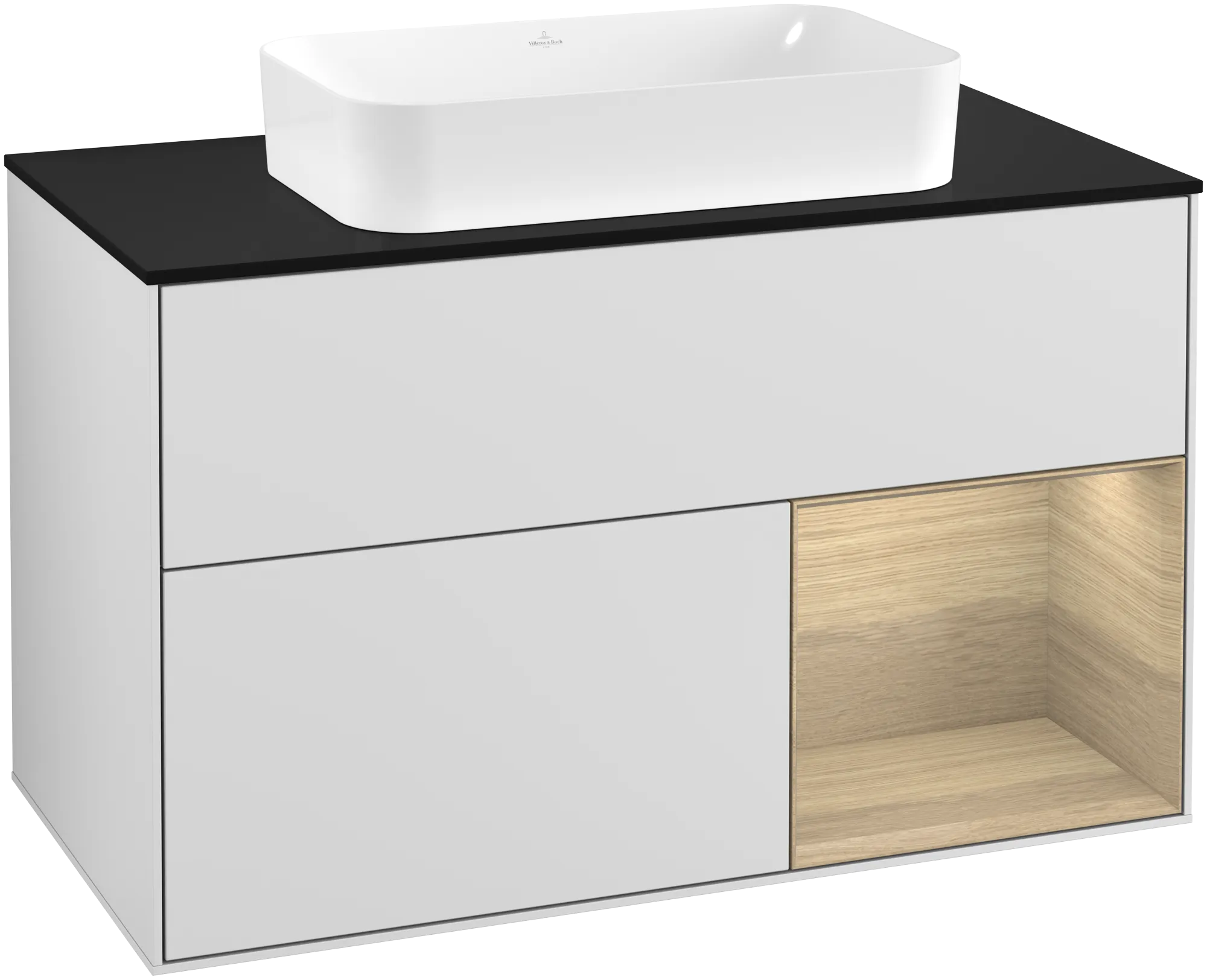 Bild von VILLEROY BOCH Finion Waschbeckenunterschrank, mit Beleuchtung, 2 Auszüge, 1000 x 603 x 501 mm, White Matt Lacquer / Oak Veneer / Glass Black Matt #G252PCMT