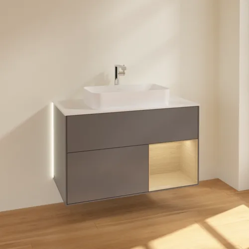 Bild von VILLEROY BOCH Finion Waschbeckenunterschrank, mit Beleuchtung, 2 Auszüge, 1000 x 603 x 501 mm, Anthracite Matt Lacquer / Oak Veneer / Glass White Matt #G251PCGK