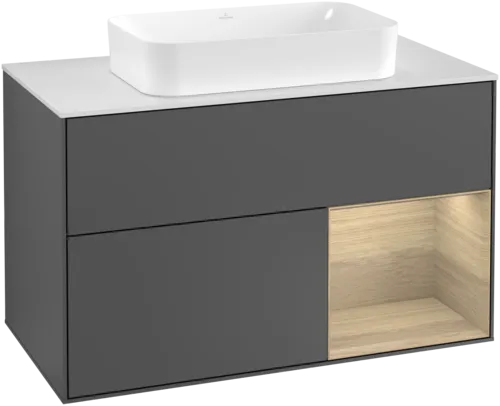 Bild von VILLEROY BOCH Finion Waschbeckenunterschrank, mit Beleuchtung, 2 Auszüge, 1000 x 603 x 501 mm, Anthracite Matt Lacquer / Oak Veneer / Glass White Matt #G251PCGK