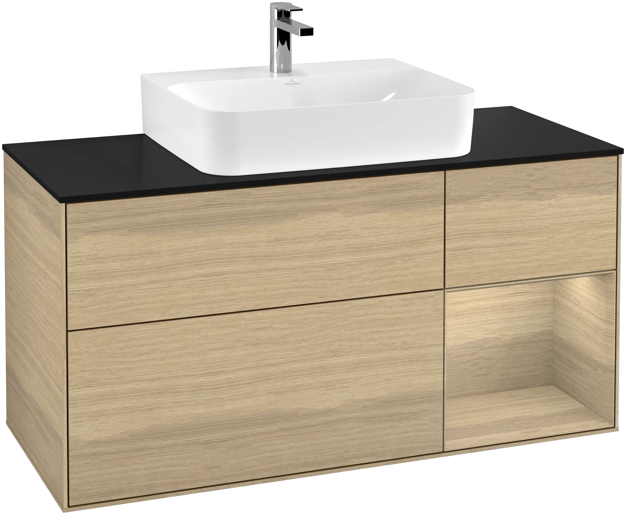 Bild von VILLEROY BOCH Finion Waschbeckenunterschrank, mit Beleuchtung, 3 Auszüge, 1200 x 603 x 501 mm, Oak Veneer / Oak Veneer / Glass Black Matt #G172PCPC