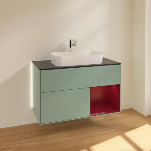 Bild von VILLEROY BOCH Finion Waschbeckenunterschrank, mit Beleuchtung, 2 Auszüge, 1000 x 603 x 501 mm, Olive Matt Lacquer / Peony Matt Lacquer / Glass Black Matt #G252HBGM