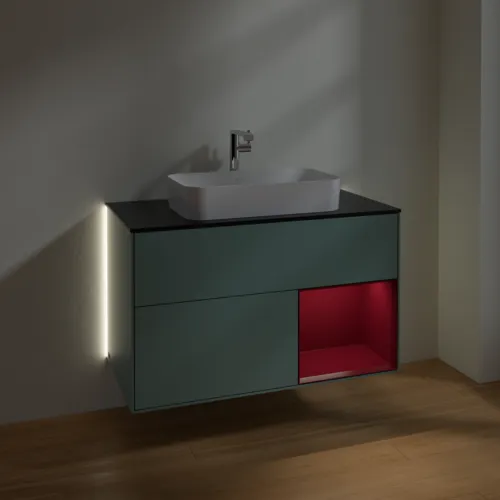 Bild von VILLEROY BOCH Finion Waschbeckenunterschrank, mit Beleuchtung, 2 Auszüge, 1000 x 603 x 501 mm, Olive Matt Lacquer / Peony Matt Lacquer / Glass Black Matt #G252HBGM