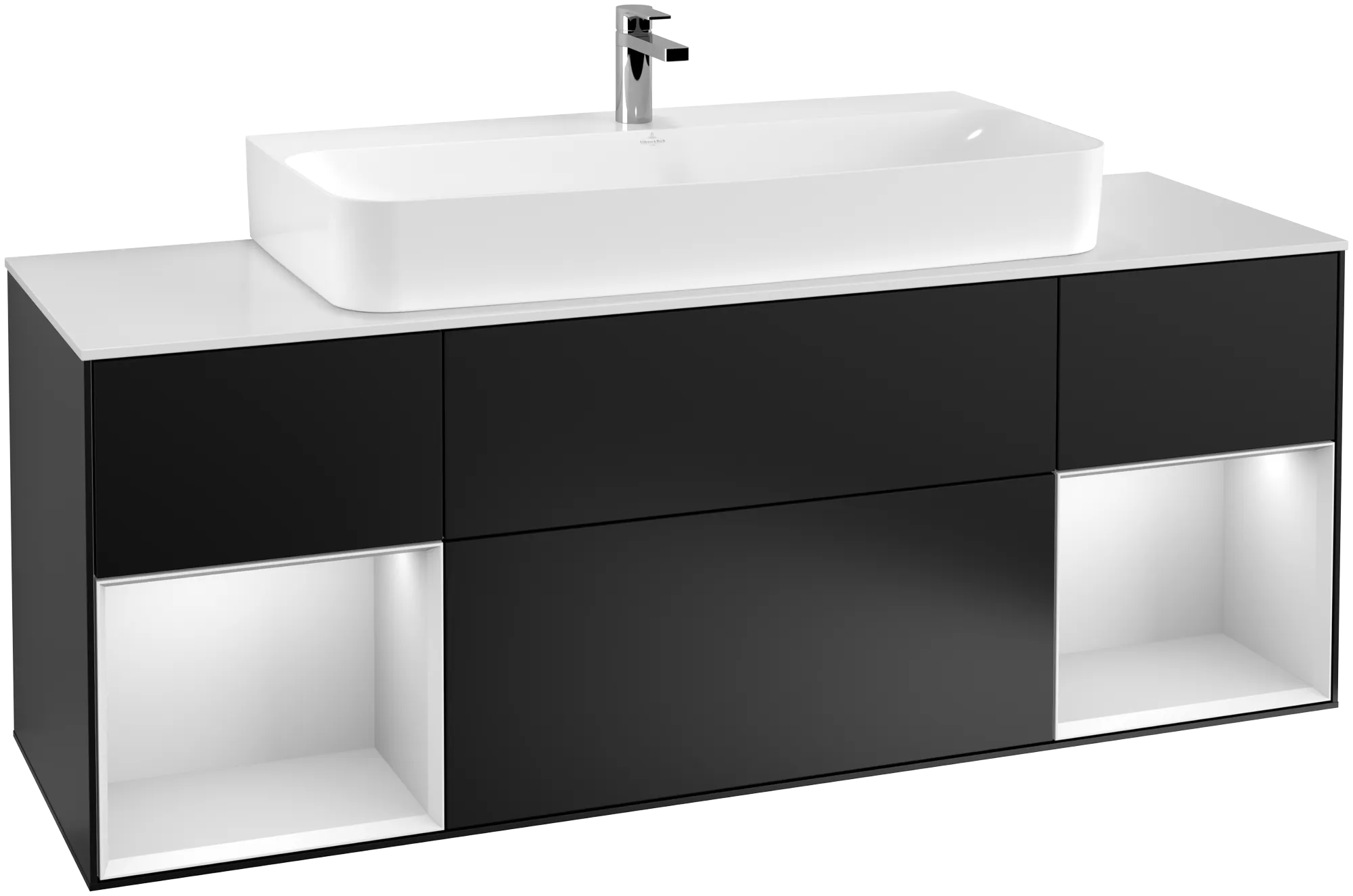 Bild von VILLEROY BOCH Finion Waschbeckenunterschrank, mit Beleuchtung, 4 Auszüge, 1600 x 603 x 501 mm, Black Matt Lacquer / White Matt Lacquer / Glass White Matt #G211MTPD