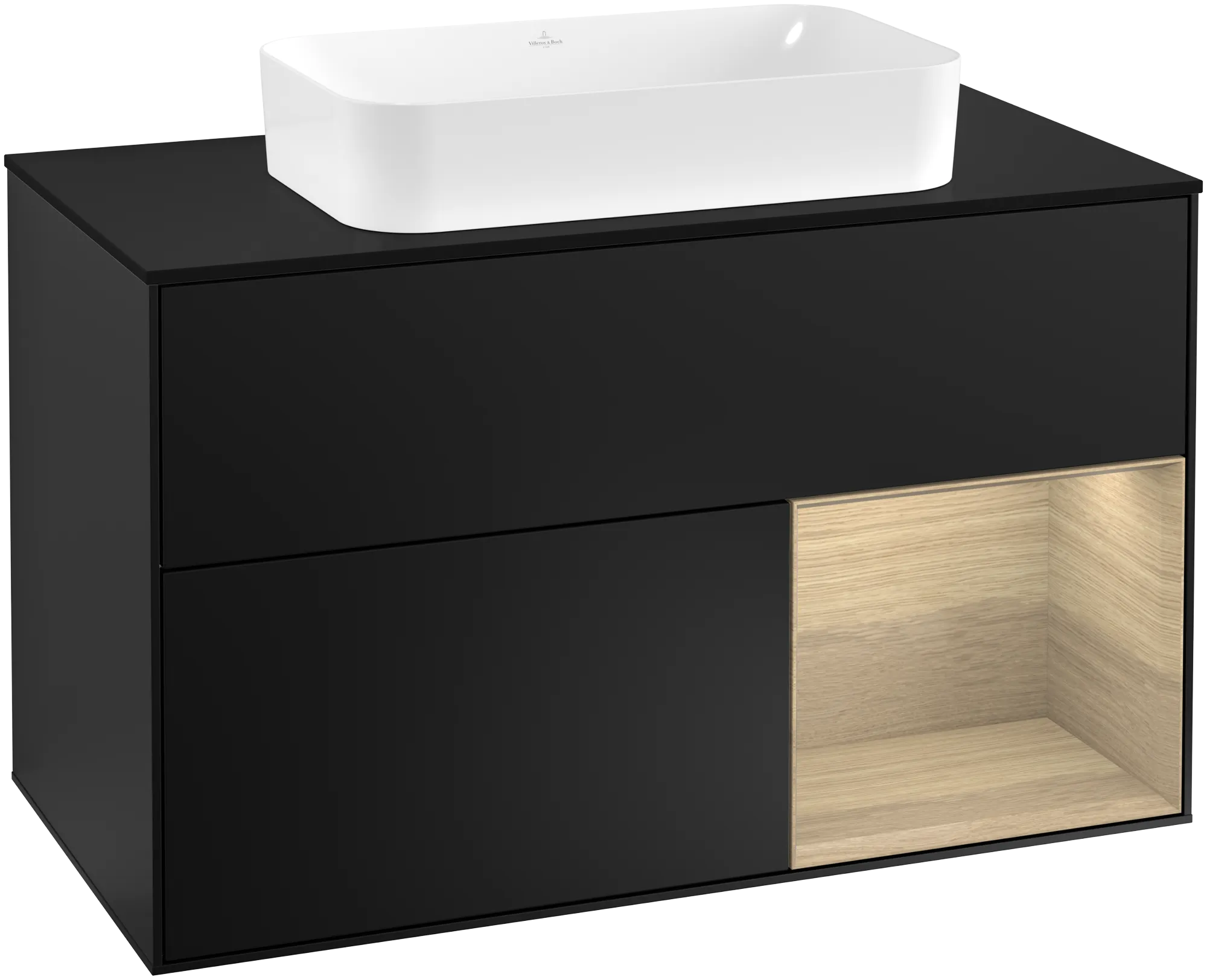 Bild von VILLEROY BOCH Finion Waschbeckenunterschrank, mit Beleuchtung, 2 Auszüge, 1000 x 603 x 501 mm, Black Matt Lacquer / Oak Veneer / Glass Black Matt #G252PCPD