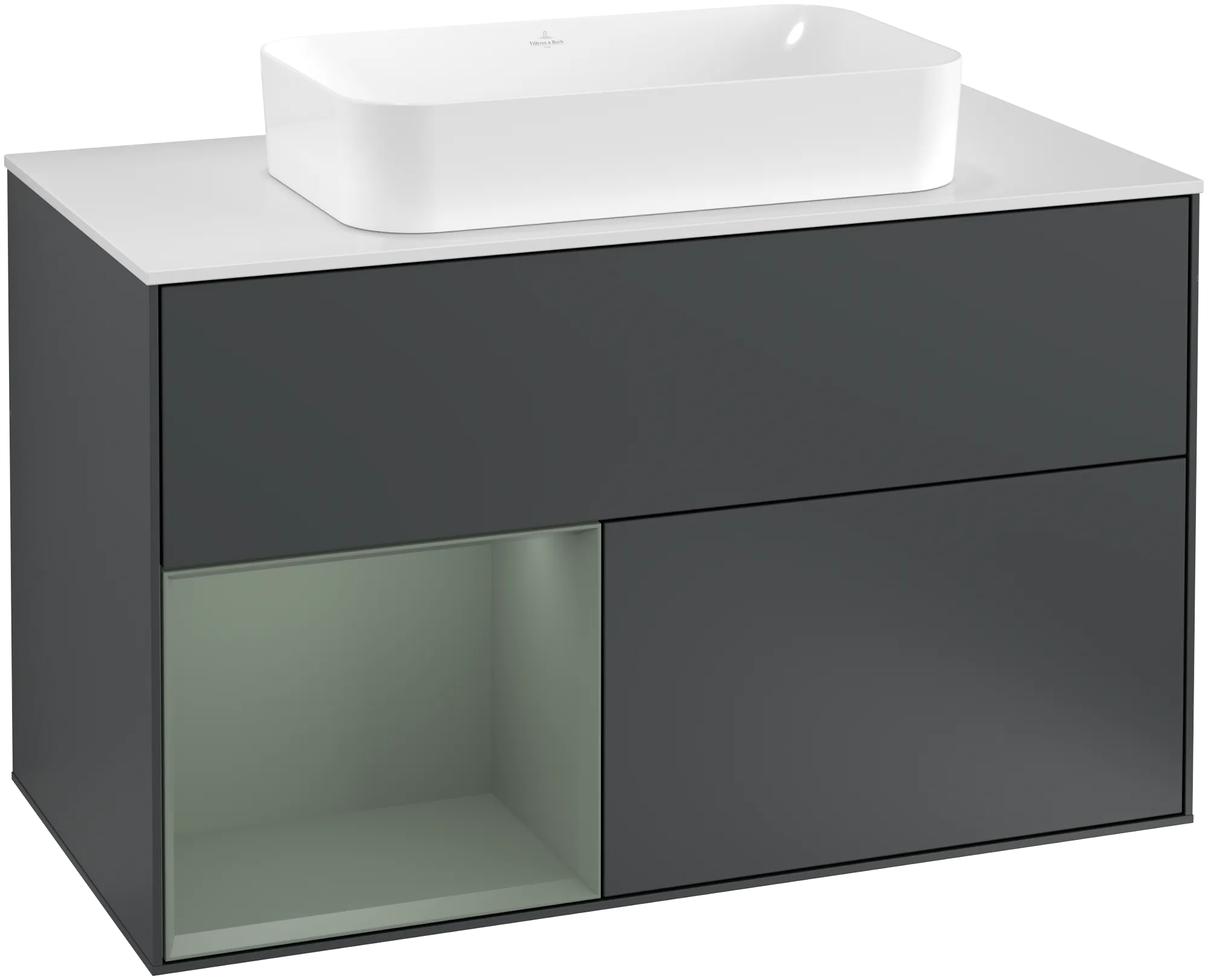 Bild von VILLEROY BOCH Finion Waschbeckenunterschrank, mit Beleuchtung, 2 Auszüge, 1000 x 603 x 501 mm, Midnight Blue Matt Lacquer / Olive Matt Lacquer / Glass White Matt #G241GMHG