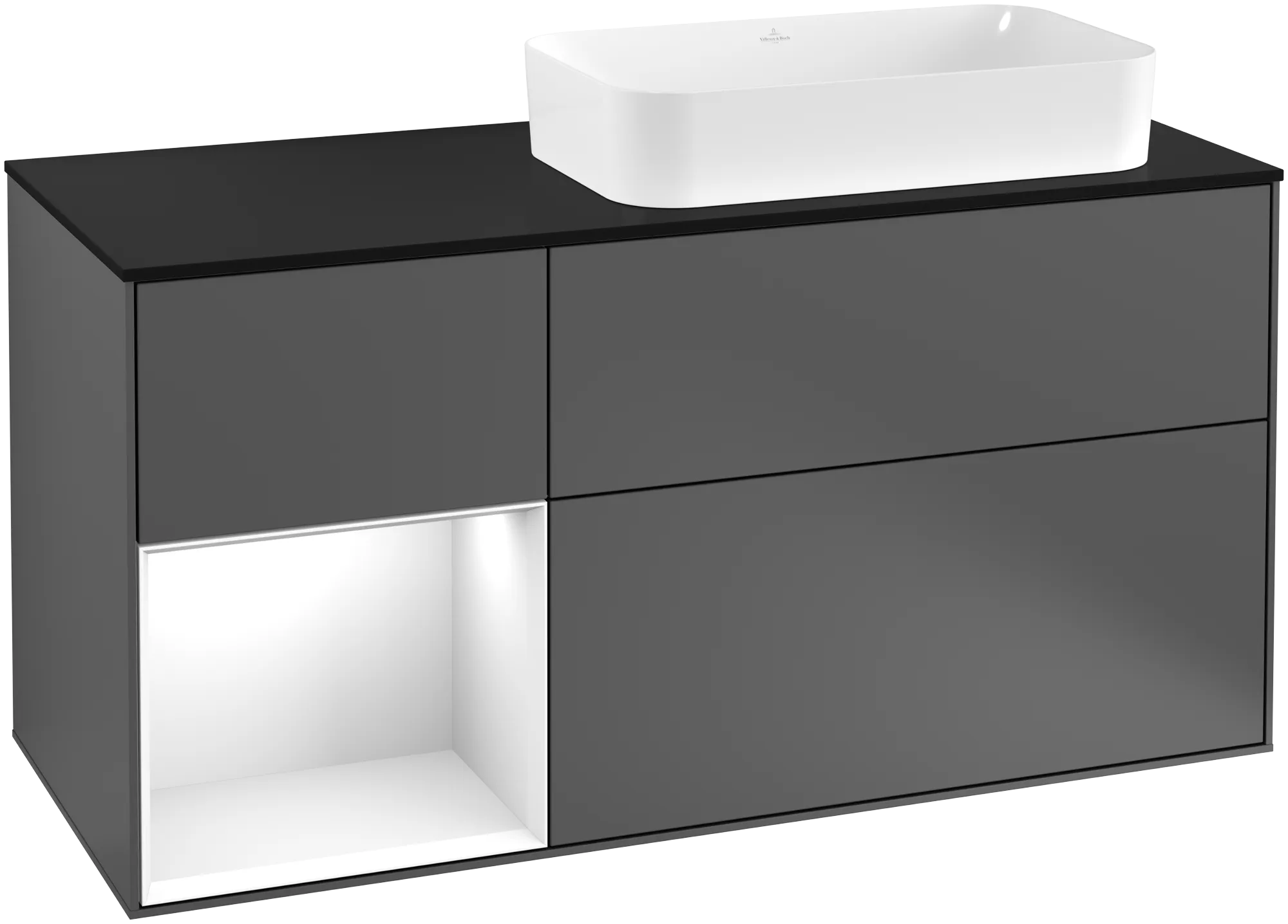 Bild von VILLEROY BOCH Finion Waschbeckenunterschrank, mit Beleuchtung, 3 Auszüge, 1200 x 603 x 501 mm, Anthracite Matt Lacquer / Glossy White Lacquer / Glass Black Matt #G272GFGK