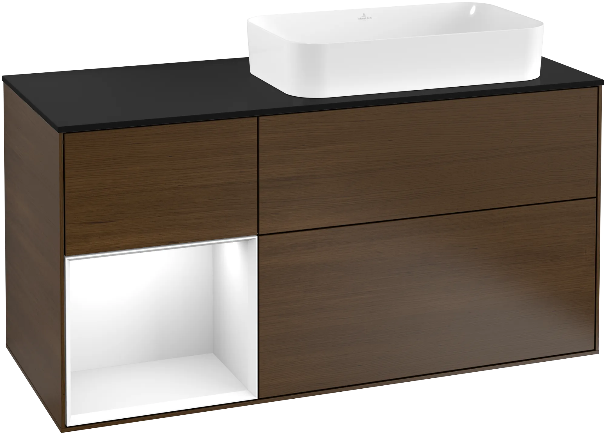 Obrázek VILLEROY BOCH Finion Vanity unit, with lighting, 3 pull-out compartments, 1200 x 603 x 501 mm, Walnut Veneer / Glossy White Lacquer / Glass Black Matt #G272GFGN