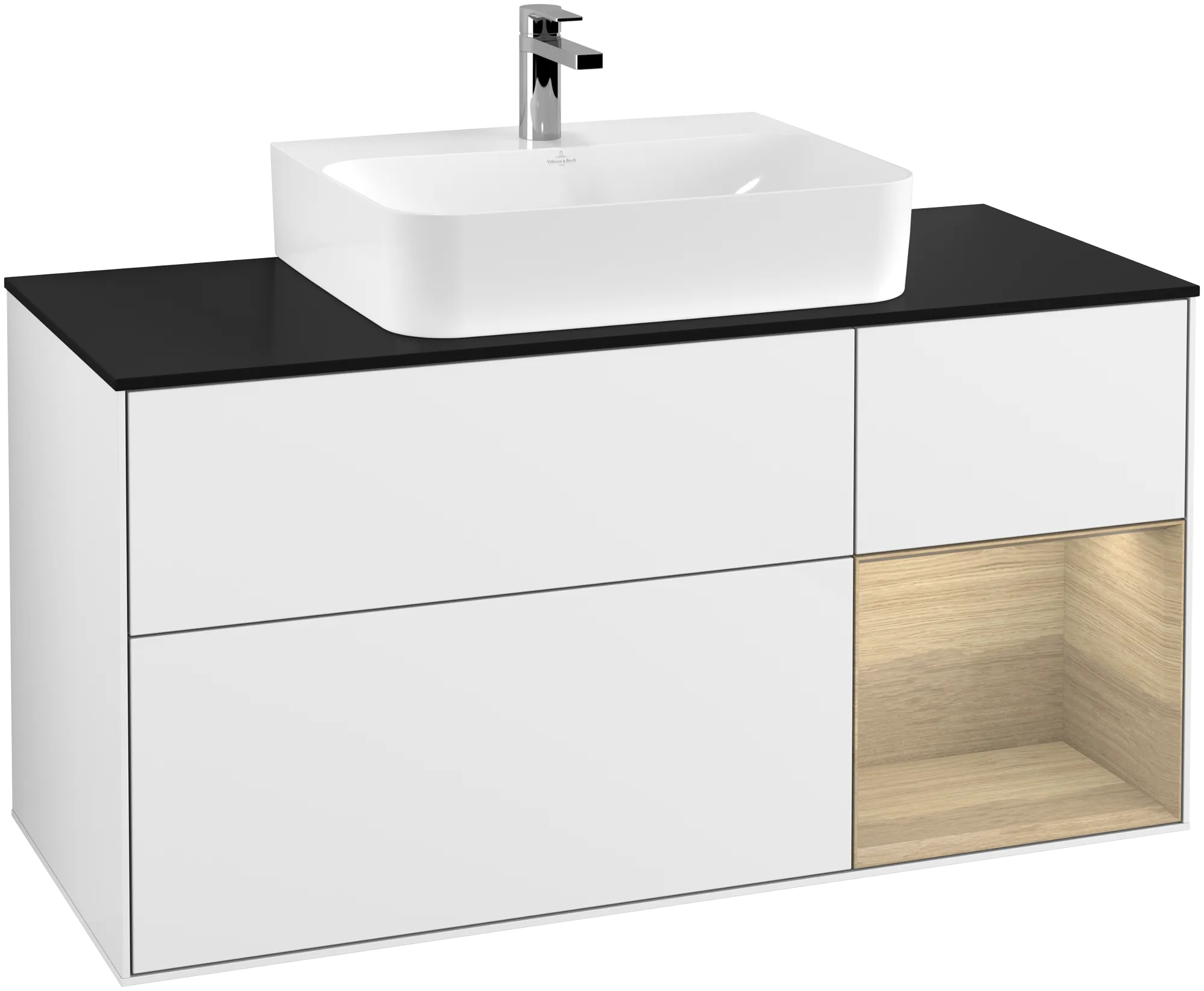 Bild von VILLEROY BOCH Finion Waschbeckenunterschrank, mit Beleuchtung, 3 Auszüge, 1200 x 603 x 501 mm, Glossy White Lacquer / Oak Veneer / Glass Black Matt #G172PCGF