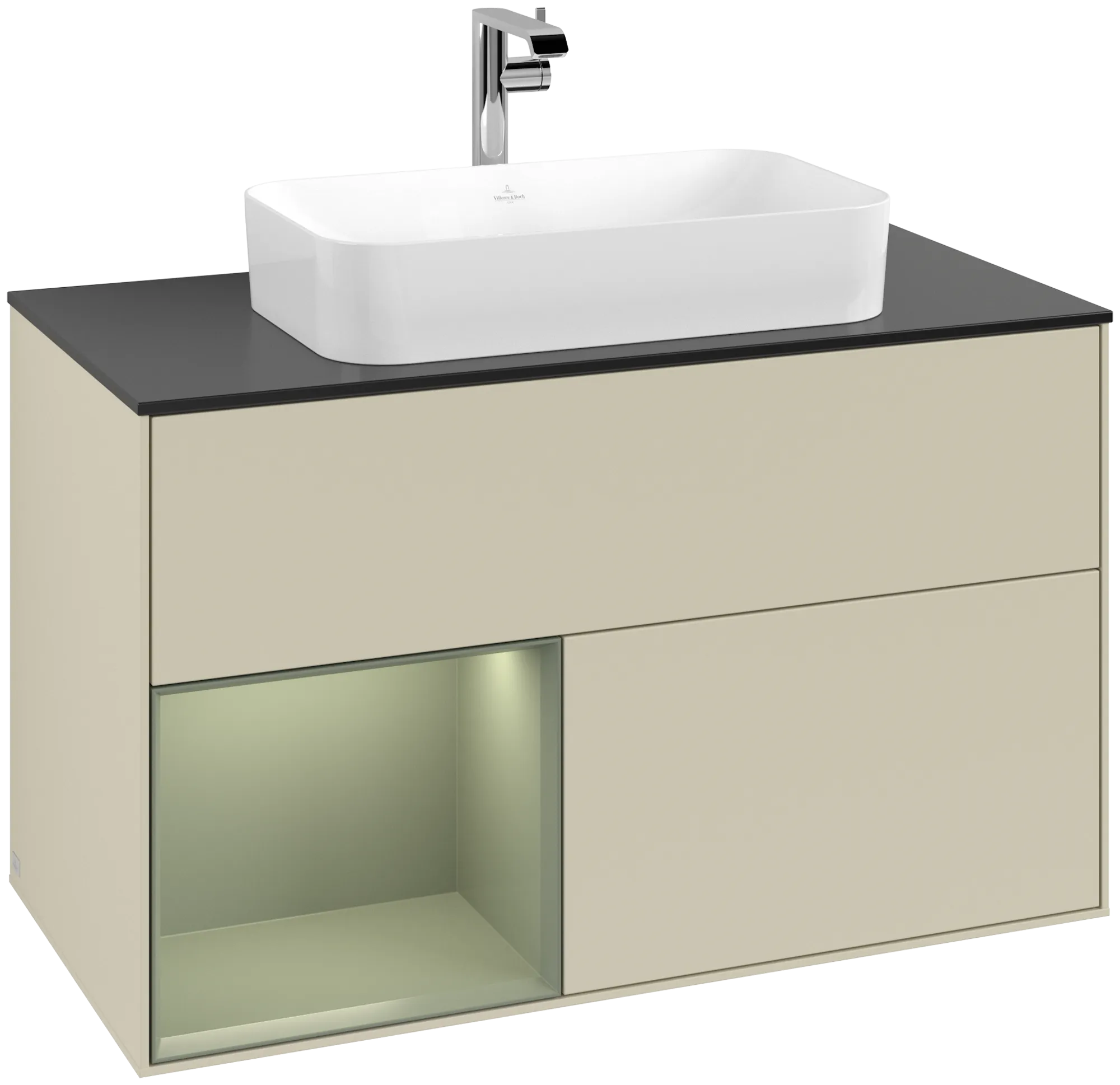 Bild von VILLEROY BOCH Finion Waschbeckenunterschrank, mit Beleuchtung, 2 Auszüge, 1000 x 603 x 501 mm, Silk Grey Matt Lacquer / Olive Matt Lacquer / Glass Black Matt #G242GMHJ