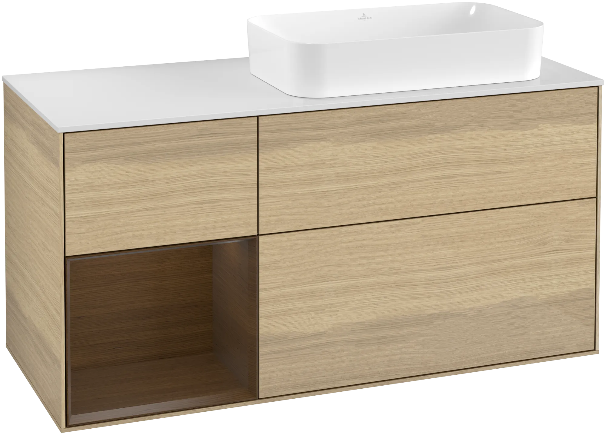 Bild von VILLEROY BOCH Finion Waschbeckenunterschrank, mit Beleuchtung, 3 Auszüge, 1200 x 603 x 501 mm, Oak Veneer / Walnut Veneer / Glass White Matt #G271GNPC