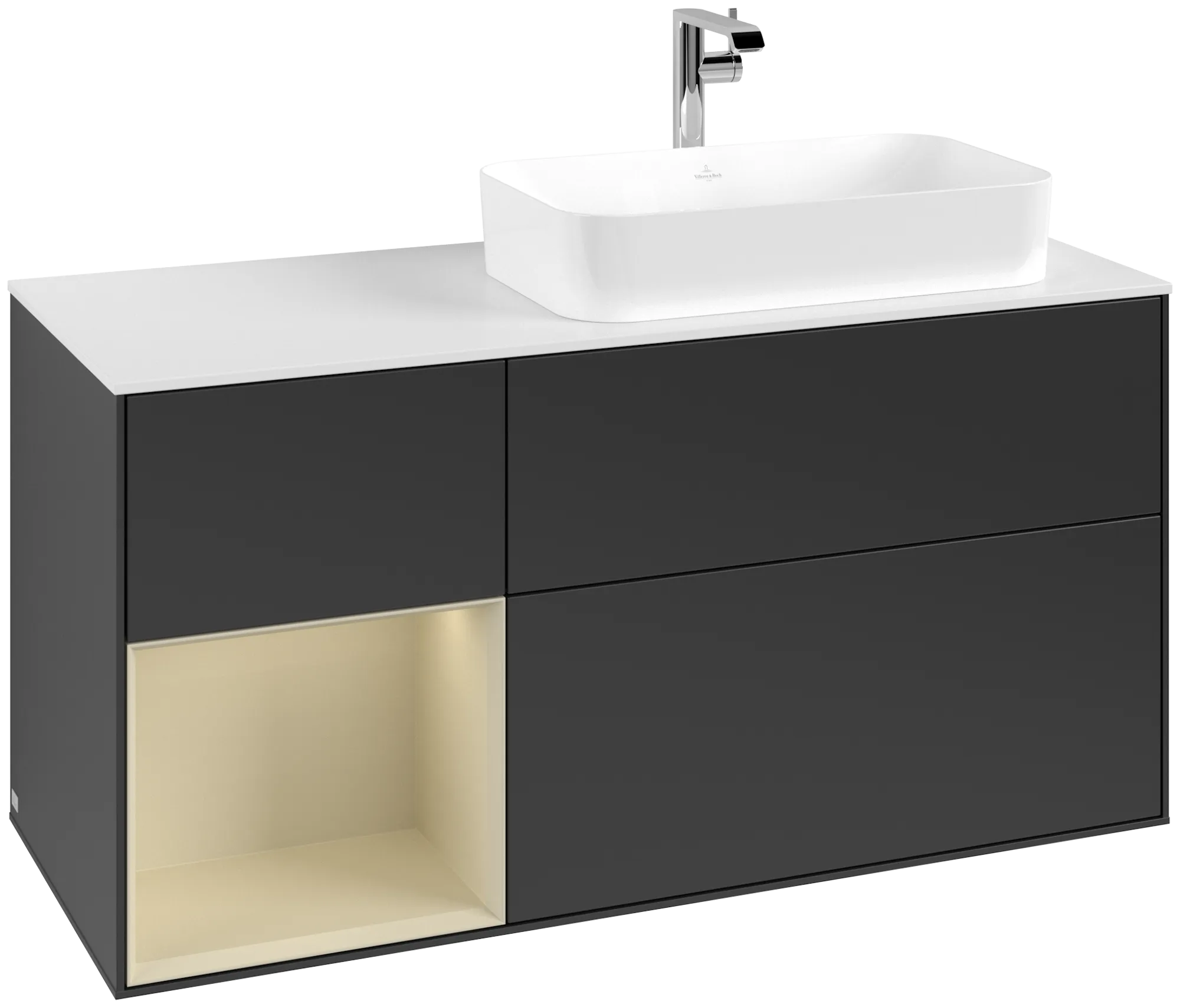 Bild von VILLEROY BOCH Finion Waschbeckenunterschrank, mit Beleuchtung, 3 Auszüge, 1200 x 603 x 501 mm, Black Matt Lacquer / Silk Grey Matt Lacquer / Glass White Matt #G271HJPD