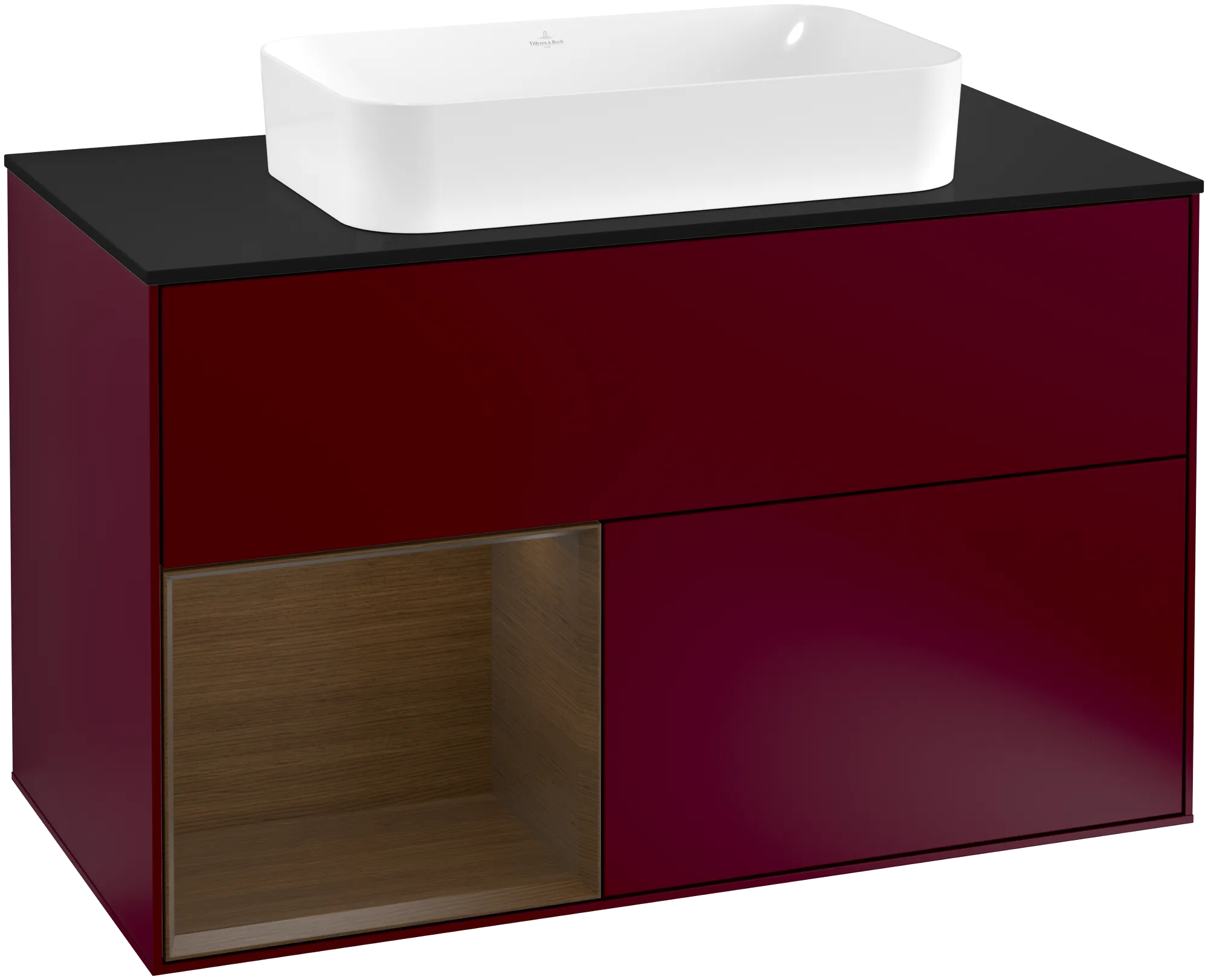 Bild von VILLEROY BOCH Finion Waschbeckenunterschrank, mit Beleuchtung, 2 Auszüge, 1000 x 603 x 501 mm, Peony Matt Lacquer / Walnut Veneer / Glass Black Matt #G242GNHB