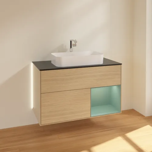 Bild von VILLEROY BOCH Finion Waschbeckenunterschrank, mit Beleuchtung, 2 Auszüge, 1000 x 603 x 501 mm, Oak Veneer / Olive Matt Lacquer / Glass Black Matt #G252GMPC