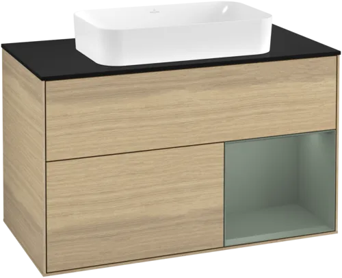 Bild von VILLEROY BOCH Finion Waschbeckenunterschrank, mit Beleuchtung, 2 Auszüge, 1000 x 603 x 501 mm, Oak Veneer / Olive Matt Lacquer / Glass Black Matt #G252GMPC