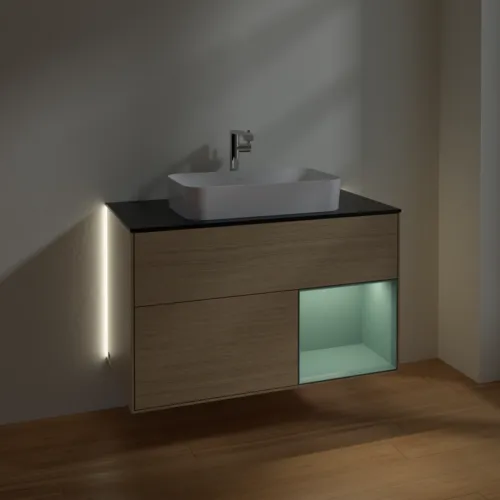 Bild von VILLEROY BOCH Finion Waschbeckenunterschrank, mit Beleuchtung, 2 Auszüge, 1000 x 603 x 501 mm, Oak Veneer / Olive Matt Lacquer / Glass Black Matt #G252GMPC
