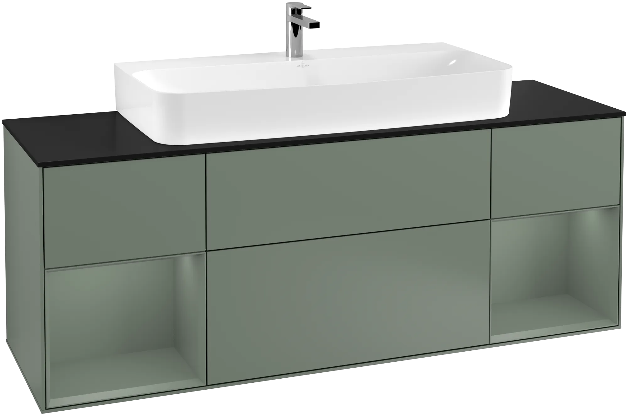 Bild von VILLEROY BOCH Finion Waschbeckenunterschrank, mit Beleuchtung, 4 Auszüge, 1600 x 603 x 501 mm, Olive Matt Lacquer / Olive Matt Lacquer / Glass Black Matt #G212GMGM