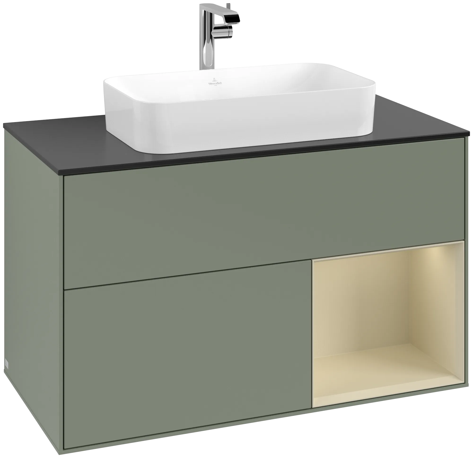 Bild von VILLEROY BOCH Finion Waschbeckenunterschrank, mit Beleuchtung, 2 Auszüge, 1000 x 603 x 501 mm, Olive Matt Lacquer / Silk Grey Matt Lacquer / Glass Black Matt #G252HJGM
