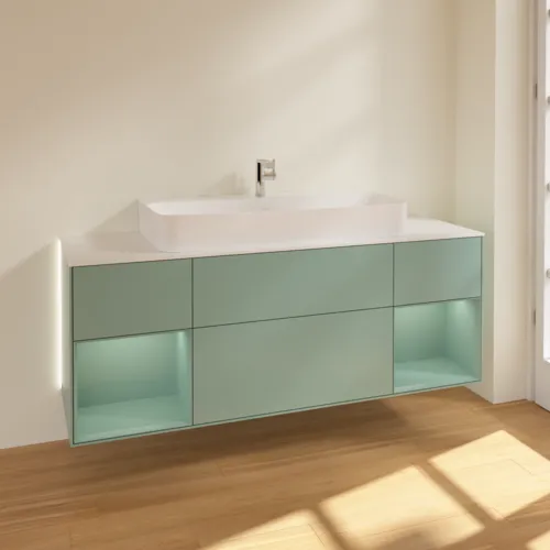 Bild von VILLEROY BOCH Finion Waschbeckenunterschrank, mit Beleuchtung, 4 Auszüge, 1600 x 603 x 501 mm, Olive Matt Lacquer / Olive Matt Lacquer / Glass White Matt #G211GMGM