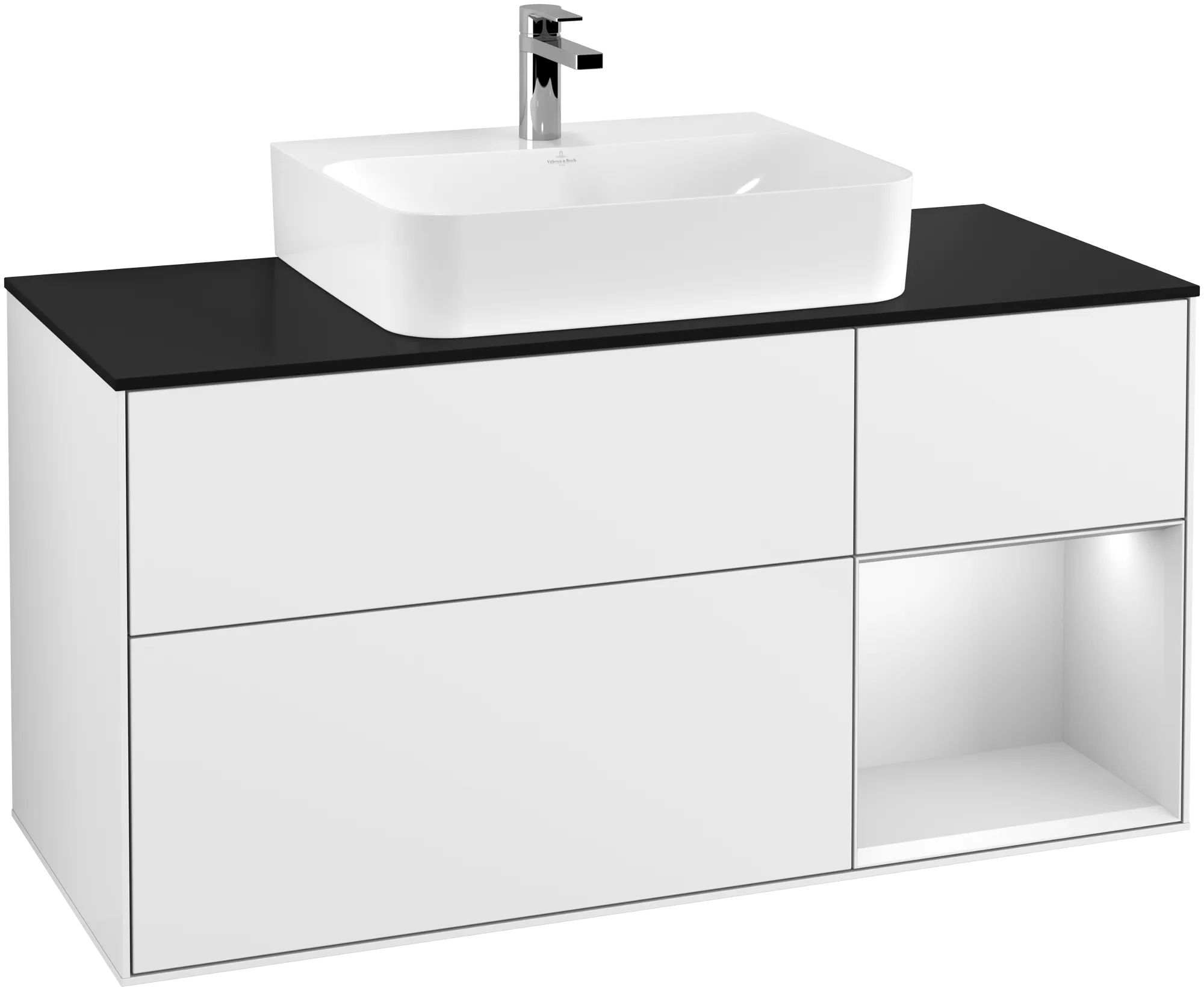 Bild von VILLEROY BOCH Finion Waschbeckenunterschrank, mit Beleuchtung, 3 Auszüge, 1200 x 603 x 501 mm, Glossy White Lacquer / White Matt Lacquer / Glass Black Matt #G172MTGF