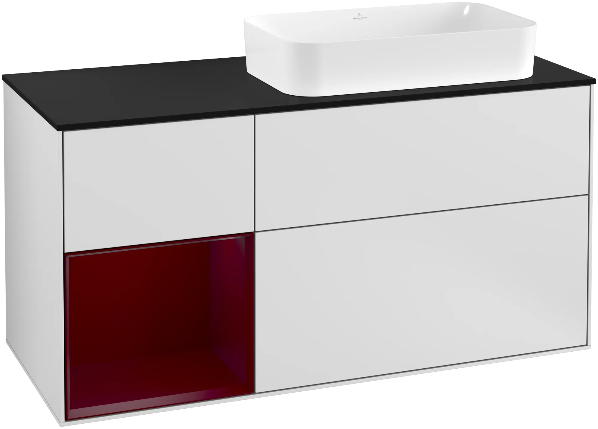 Bild von VILLEROY BOCH Finion Waschbeckenunterschrank, mit Beleuchtung, 3 Auszüge, 1200 x 603 x 501 mm, White Matt Lacquer / Peony Matt Lacquer / Glass Black Matt #G272HBMT