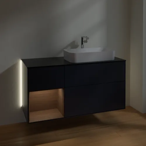 Bild von VILLEROY BOCH Finion Waschbeckenunterschrank, mit Beleuchtung, 3 Auszüge, 1200 x 603 x 501 mm, Midnight Blue Matt Lacquer / Walnut Veneer / Glass Black Matt #G272GNHG