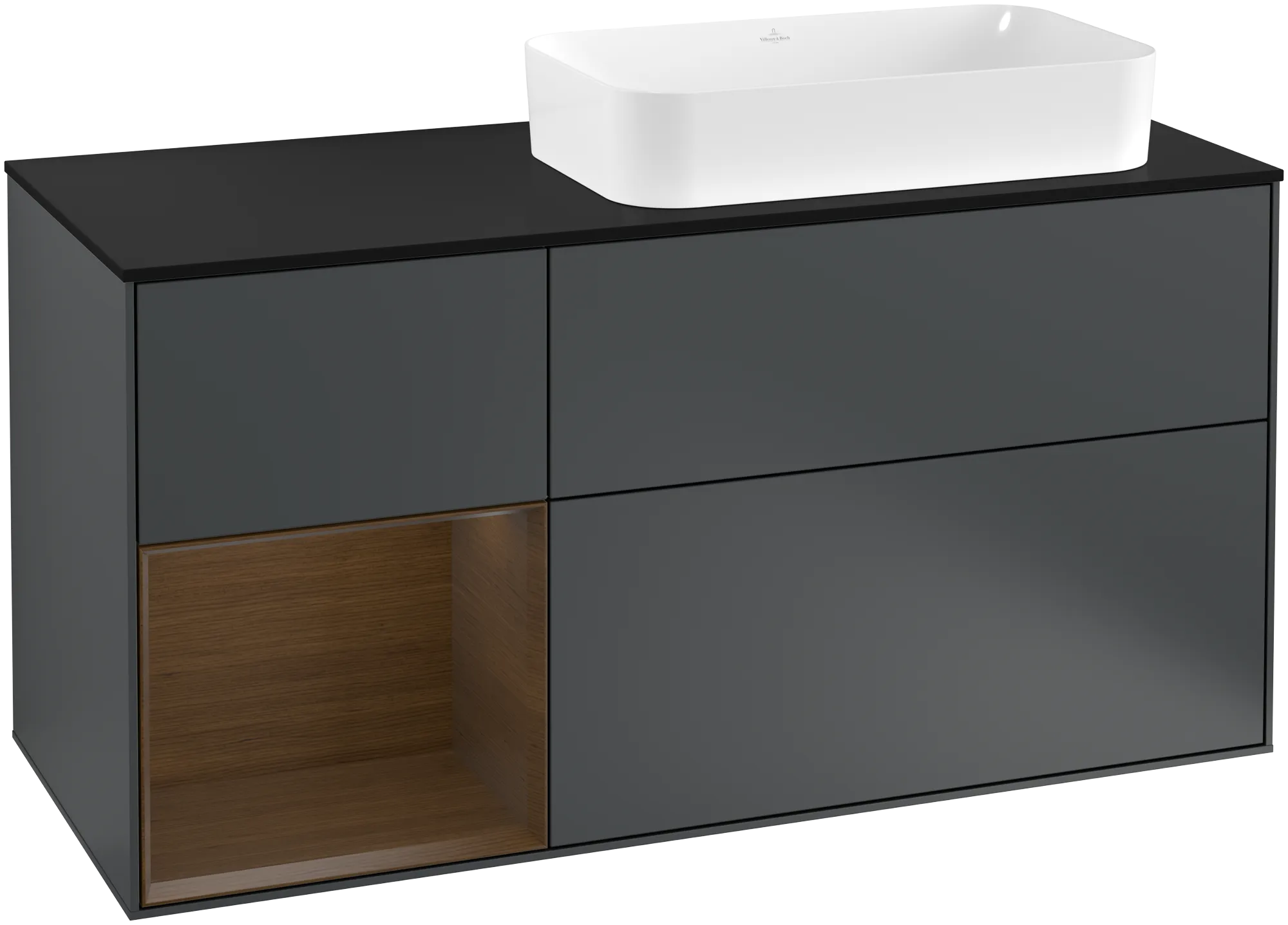 Bild von VILLEROY BOCH Finion Waschbeckenunterschrank, mit Beleuchtung, 3 Auszüge, 1200 x 603 x 501 mm, Midnight Blue Matt Lacquer / Walnut Veneer / Glass Black Matt #G272GNHG
