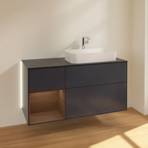 Bild von VILLEROY BOCH Finion Waschbeckenunterschrank, mit Beleuchtung, 3 Auszüge, 1200 x 603 x 501 mm, Midnight Blue Matt Lacquer / Walnut Veneer / Glass Black Matt #G272GNHG