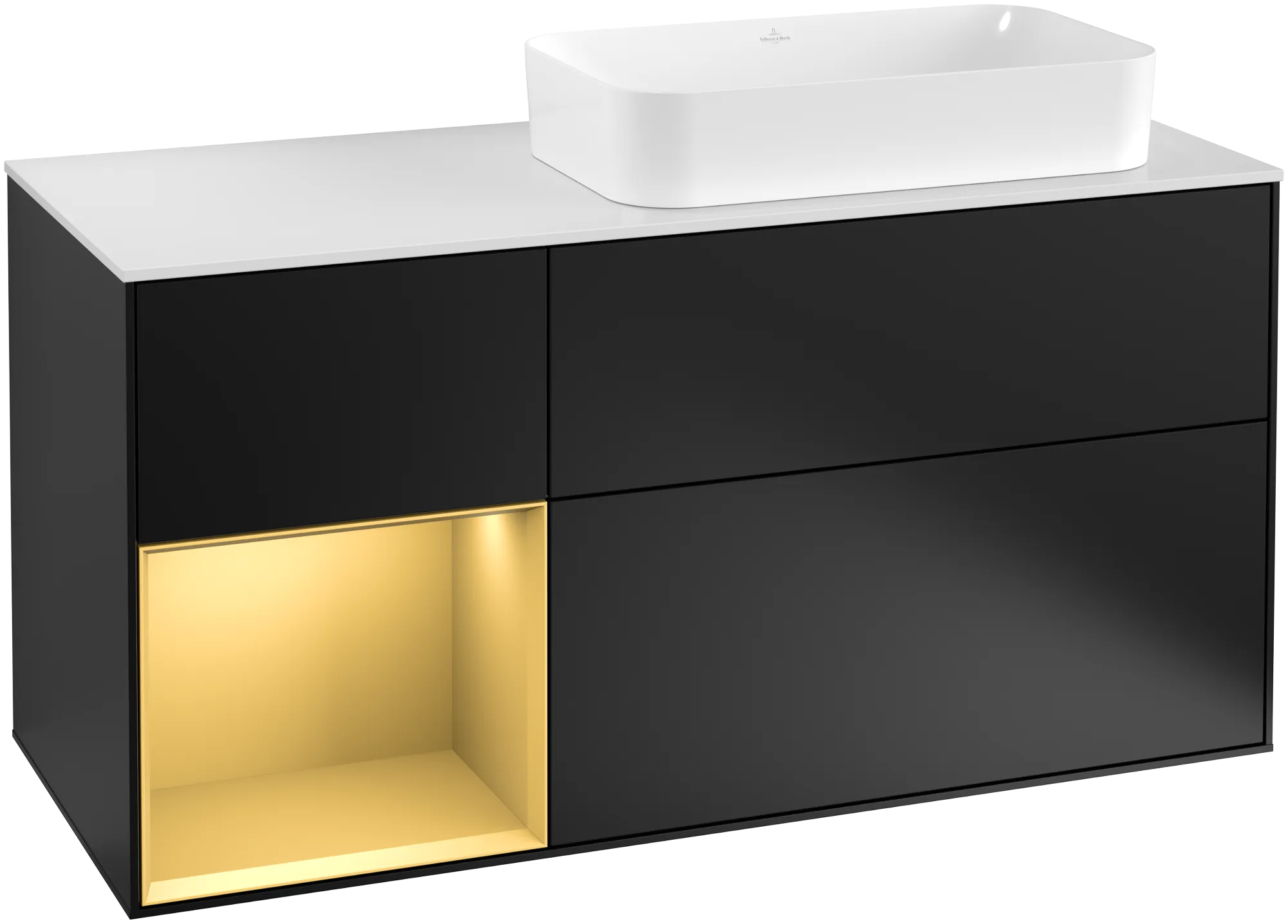 Bild von VILLEROY BOCH Finion Waschbeckenunterschrank, mit Beleuchtung, 3 Auszüge, 1200 x 603 x 501 mm, Black Matt Lacquer / Gold Matt Lacquer / Glass White Matt #G271HFPD