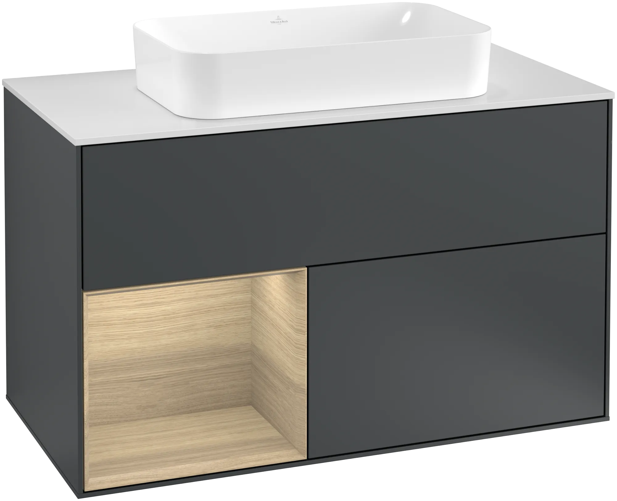 Bild von VILLEROY BOCH Finion Waschbeckenunterschrank, mit Beleuchtung, 2 Auszüge, 1000 x 603 x 501 mm, Midnight Blue Matt Lacquer / Oak Veneer / Glass White Matt #G241PCHG