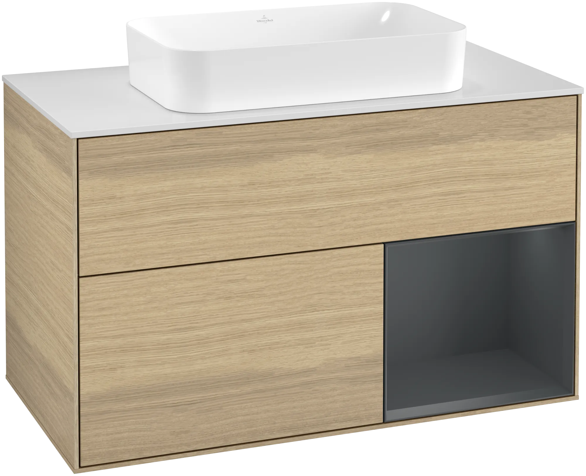 Obrázek VILLEROY BOCH Finion Vanity unit, with lighting, 2 pull-out compartments, 1000 x 603 x 501 mm, Oak Veneer / Midnight Blue Matt Lacquer / Glass White Matt #G251HGPC