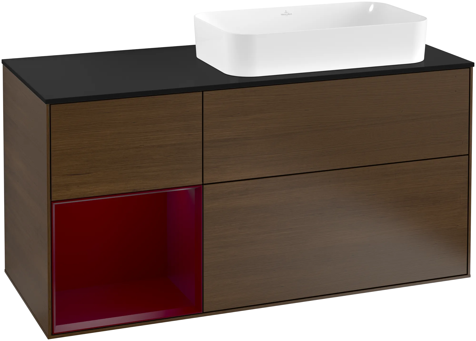 Bild von VILLEROY BOCH Finion Waschbeckenunterschrank, mit Beleuchtung, 3 Auszüge, 1200 x 603 x 501 mm, Walnut Veneer / Peony Matt Lacquer / Glass Black Matt #G272HBGN