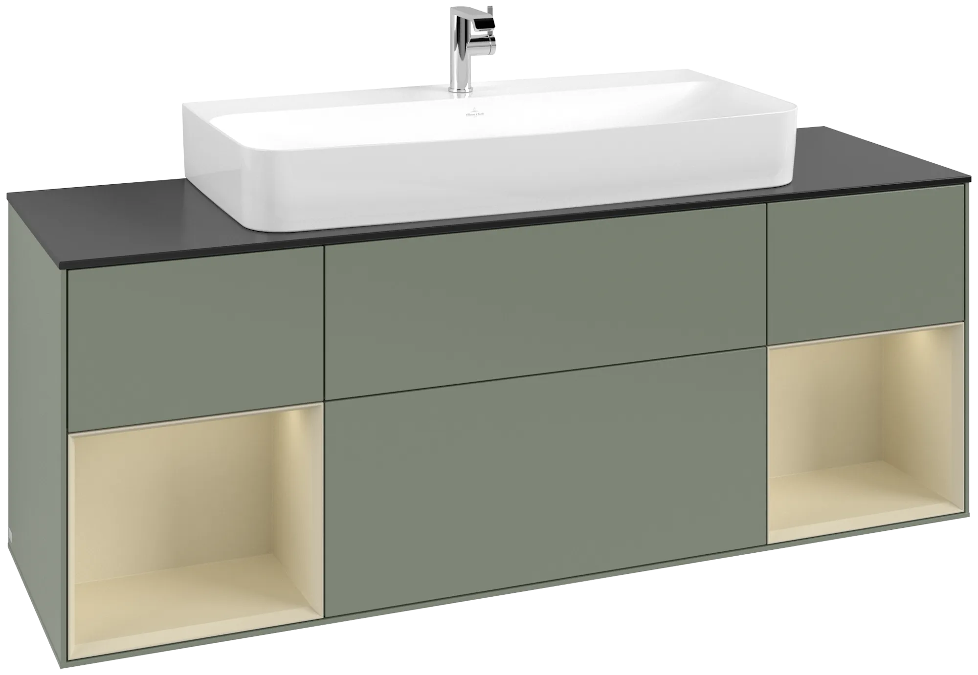 Obrázek VILLEROY BOCH Finion Vanity unit, with lighting, 4 pull-out compartments, 1600 x 603 x 501 mm, Olive Matt Lacquer / Silk Grey Matt Lacquer / Glass Black Matt #G212HJGM