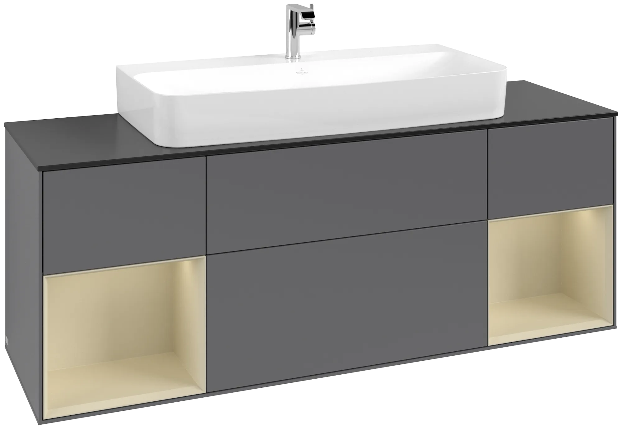 Bild von VILLEROY BOCH Finion Waschbeckenunterschrank, mit Beleuchtung, 4 Auszüge, 1600 x 603 x 501 mm, Anthracite Matt Lacquer / Silk Grey Matt Lacquer / Glass Black Matt #G212HJGK