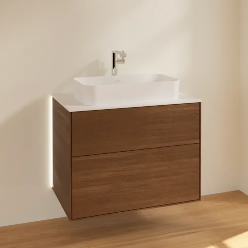 Obrázek VILLEROY BOCH Finion Vanity unit, with lighting, 2 pull-out compartments, 800 x 603 x 501 mm, Walnut Veneer / Glass White Matt #G22100GN