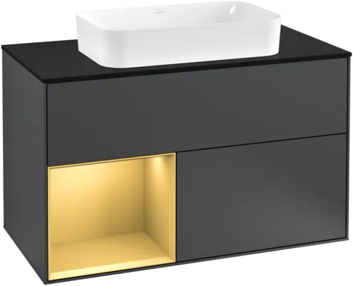 Bild von VILLEROY BOCH Finion Waschbeckenunterschrank, mit Beleuchtung, 2 Auszüge, 1000 x 603 x 501 mm, Midnight Blue Matt Lacquer / Gold Matt Lacquer / Glass Black Matt #G242HFHG
