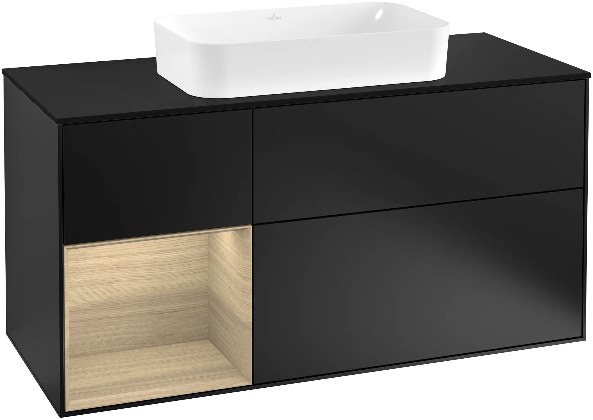 Bild von VILLEROY BOCH Finion Waschbeckenunterschrank, mit Beleuchtung, 3 Auszüge, 1200 x 603 x 501 mm, Black Matt Lacquer / Oak Veneer / Glass Black Matt #G292PCPD