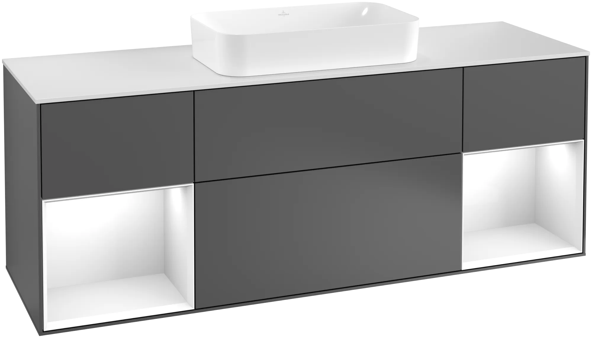 Bild von VILLEROY BOCH Finion Waschbeckenunterschrank, mit Beleuchtung, 4 Auszüge, 1600 x 603 x 501 mm, Anthracite Matt Lacquer / Glossy White Lacquer / Glass White Matt #G331GFGK