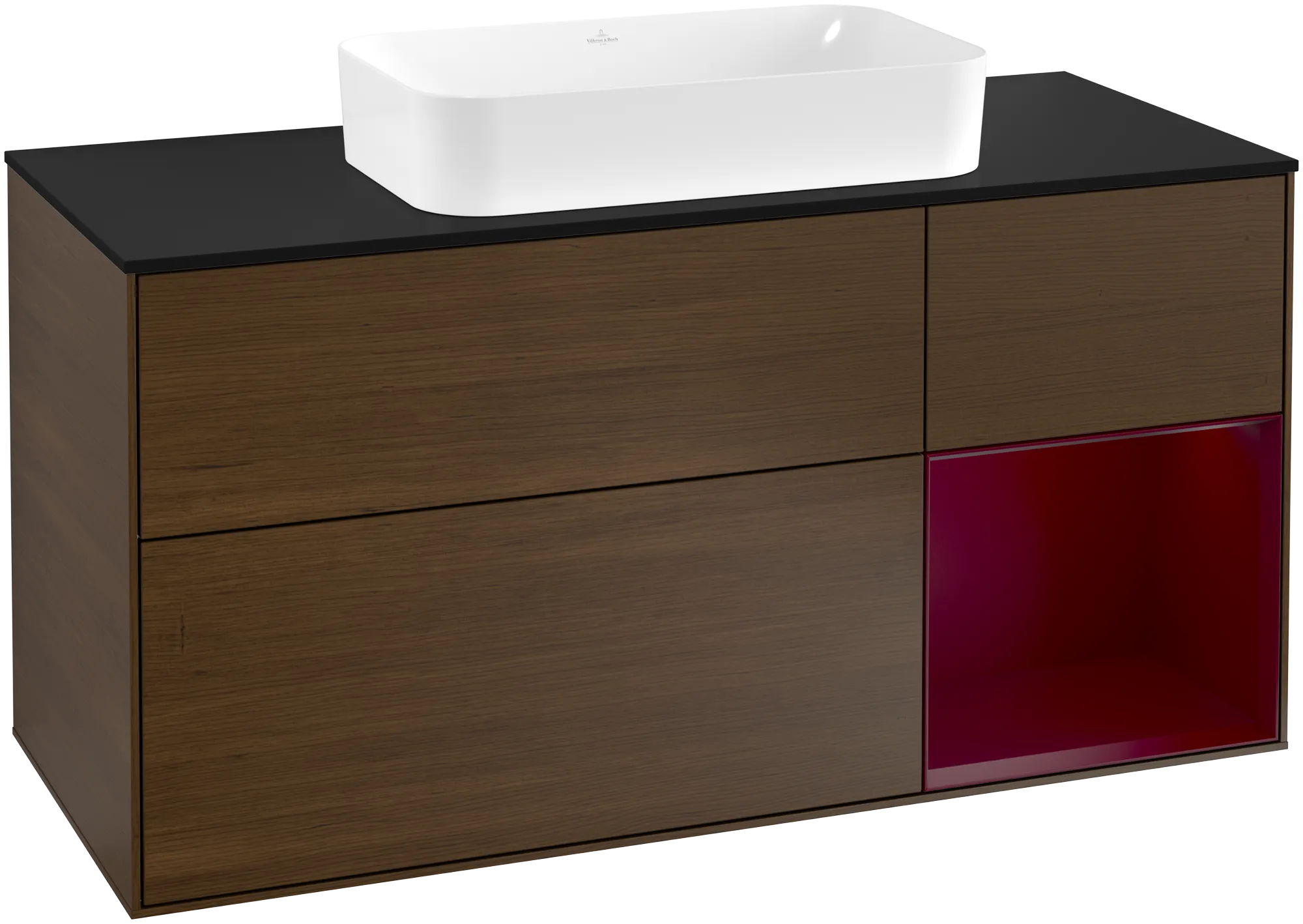 Bild von VILLEROY BOCH Finion Waschbeckenunterschrank, mit Beleuchtung, 3 Auszüge, 1200 x 603 x 501 mm, Walnut Veneer / Peony Matt Lacquer / Glass Black Matt #G302HBGN