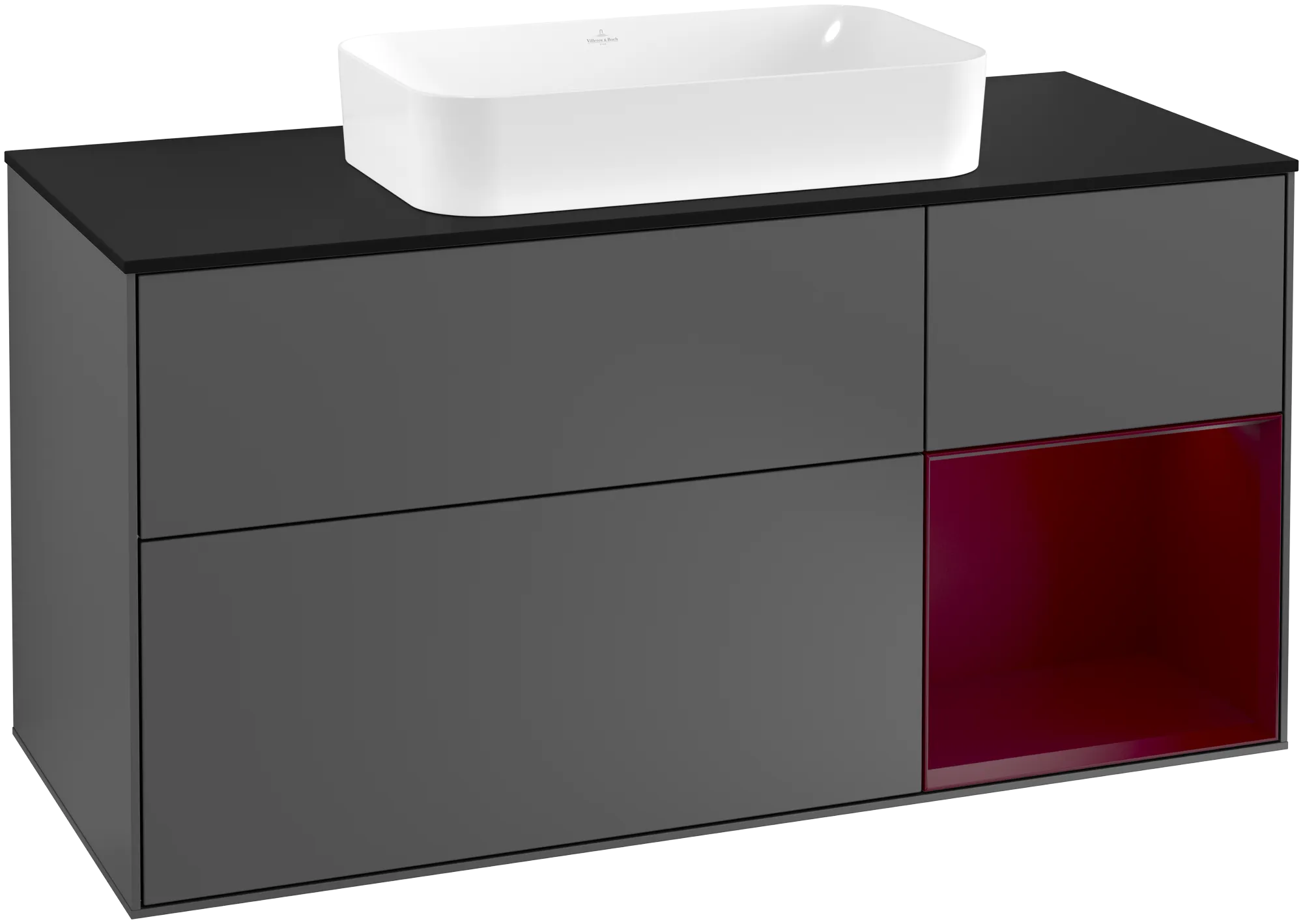 Bild von VILLEROY BOCH Finion Waschbeckenunterschrank, mit Beleuchtung, 3 Auszüge, 1200 x 603 x 501 mm, Anthracite Matt Lacquer / Peony Matt Lacquer / Glass Black Matt #G302HBGK