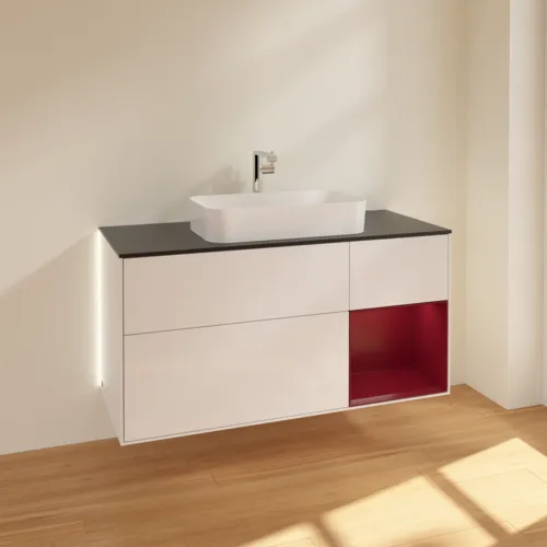 Bild von VILLEROY BOCH Finion Waschbeckenunterschrank, mit Beleuchtung, 3 Auszüge, 1200 x 603 x 501 mm, Glossy White Lacquer / Peony Matt Lacquer / Glass Black Matt #G302HBGF