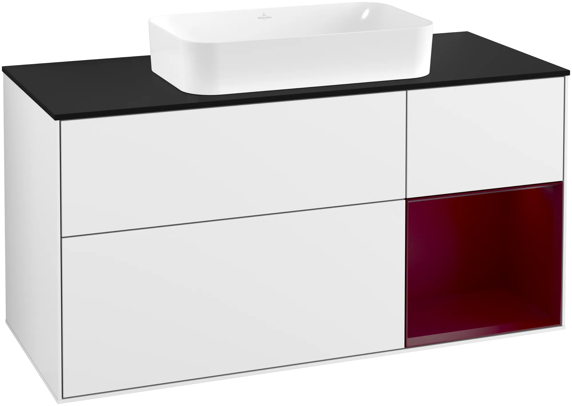 Bild von VILLEROY BOCH Finion Waschbeckenunterschrank, mit Beleuchtung, 3 Auszüge, 1200 x 603 x 501 mm, Glossy White Lacquer / Peony Matt Lacquer / Glass Black Matt #G302HBGF