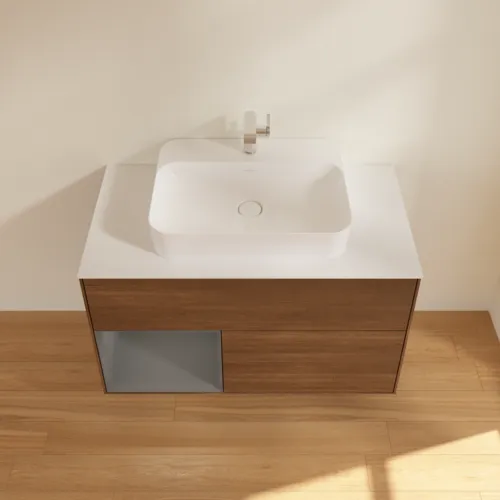 Bild von VILLEROY BOCH Finion Waschbeckenunterschrank, mit Beleuchtung, 2 Auszüge, 1000 x 603 x 501 mm, Walnut Veneer / Anthracite Matt Lacquer / Glass White Matt #G361GKGN