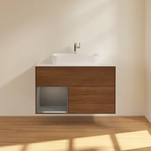 Bild von VILLEROY BOCH Finion Waschbeckenunterschrank, mit Beleuchtung, 2 Auszüge, 1000 x 603 x 501 mm, Walnut Veneer / Anthracite Matt Lacquer / Glass White Matt #G361GKGN